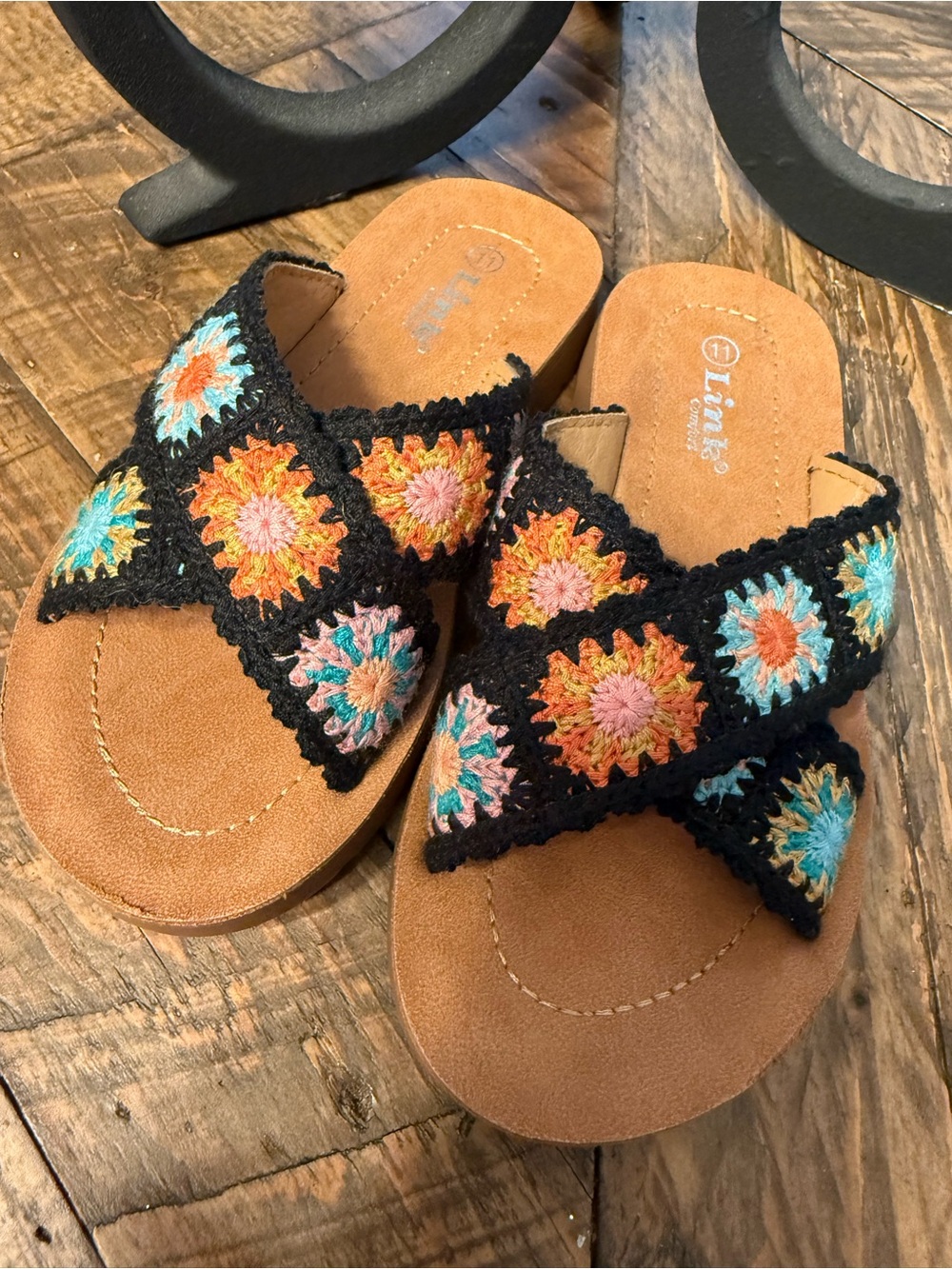 Link Black Crochet Crossband Sandals with Orange, Pink and Aqua Floral Accents